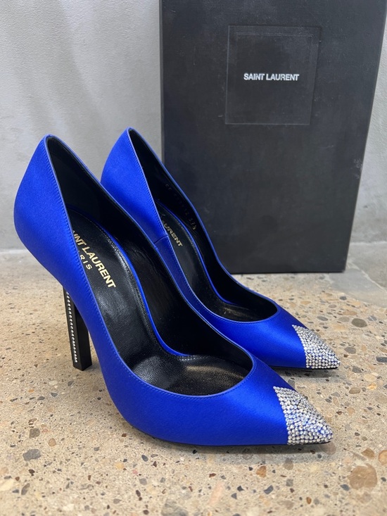Saint Laurent Shoes - Saint Laurent Cobalt Blue Satin Pointed-Toe Pumps with Crystal Tips